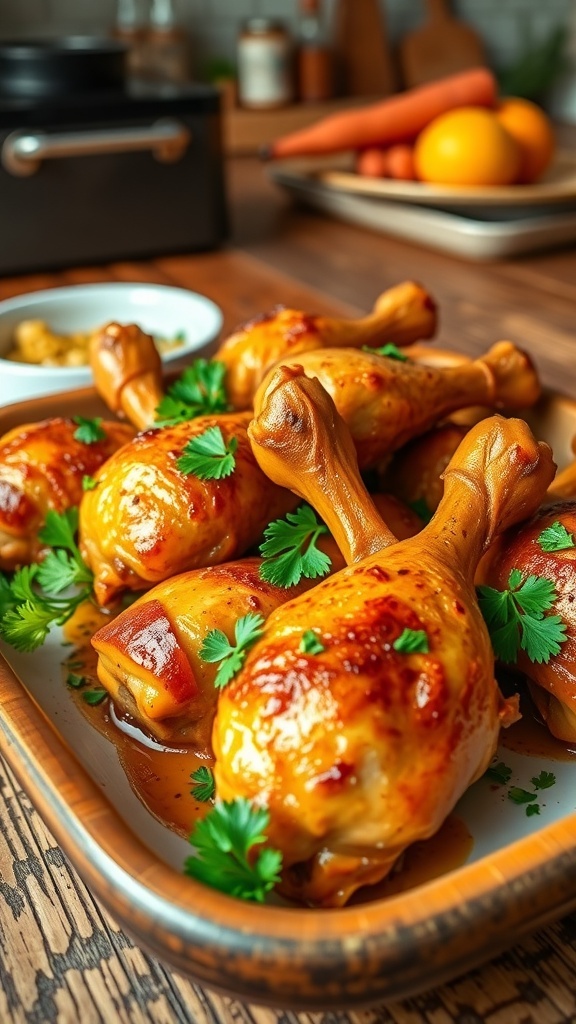 A platter of golden-brown baked chicken drumsticks garnished with parsley on a rustic wooden table.